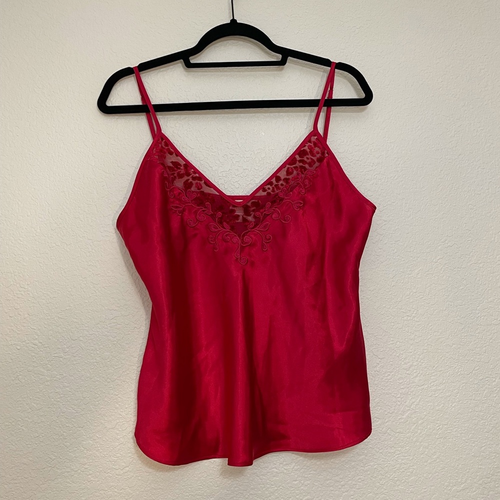 Vintage Red Satin and Embroidery Lingerie Slip Camisole - Size L